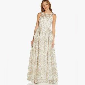 ADRIANNA PAPELL | METALLIC FLORAL EMBROIDERED FIT & FLARE GOWN IVORY GOLD DRESS
